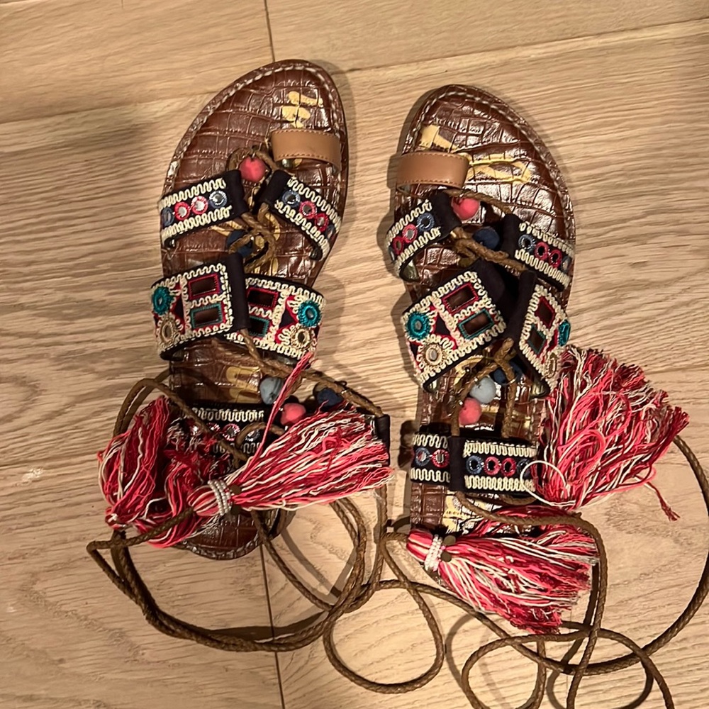 Sam Edelman Pom pom tassel ankle wrap sandal